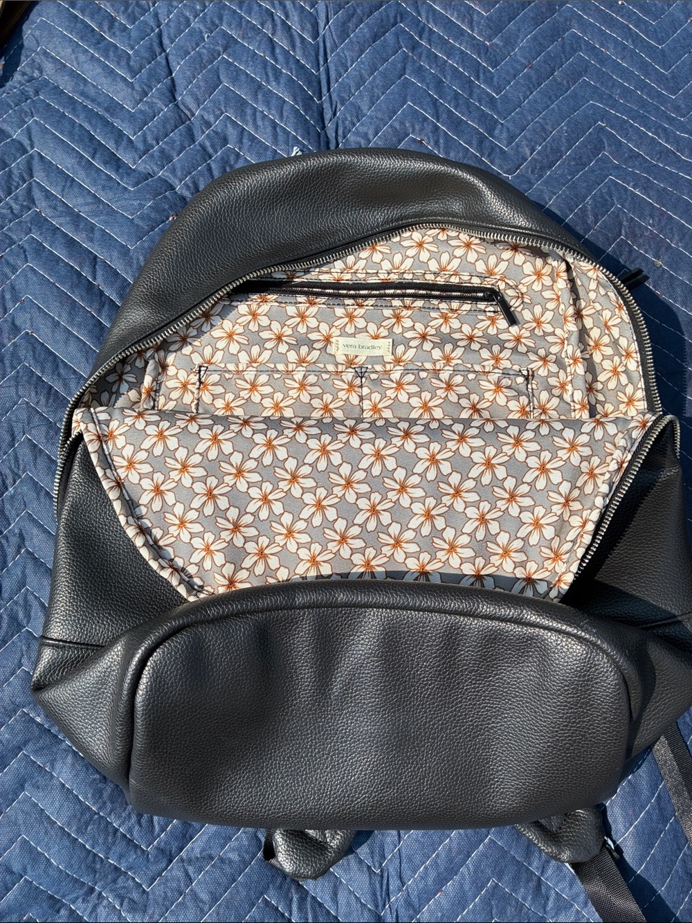 Vera Bradley Black Faux Leather Backpack with Floral Interior